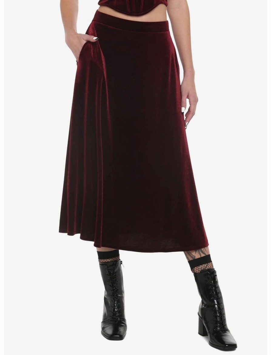 Bottoms * | Hunivers Burgundy Velvet Maxi Skirt