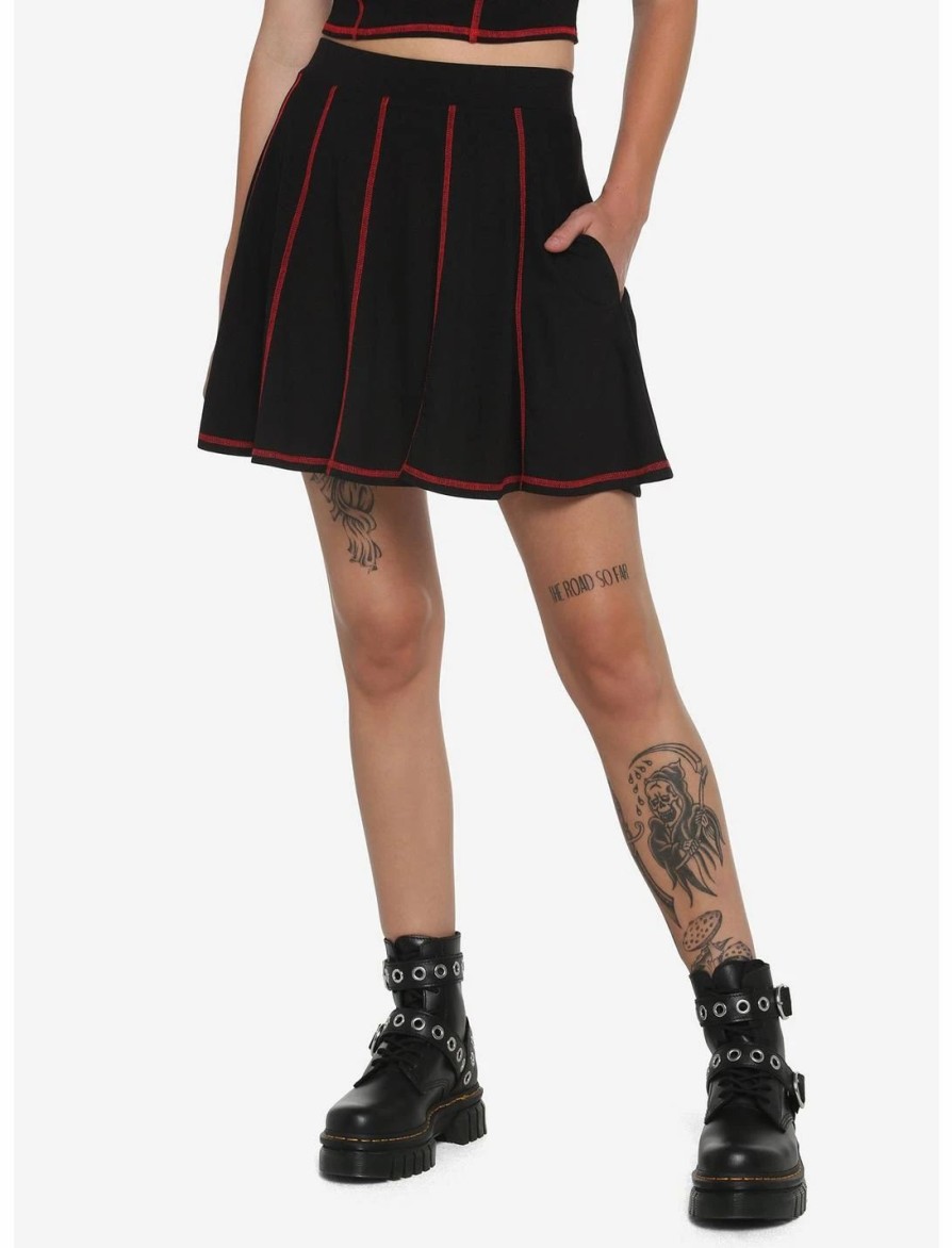 Bottoms * | Hunivers Black & Red Contrast Stitch Skirt