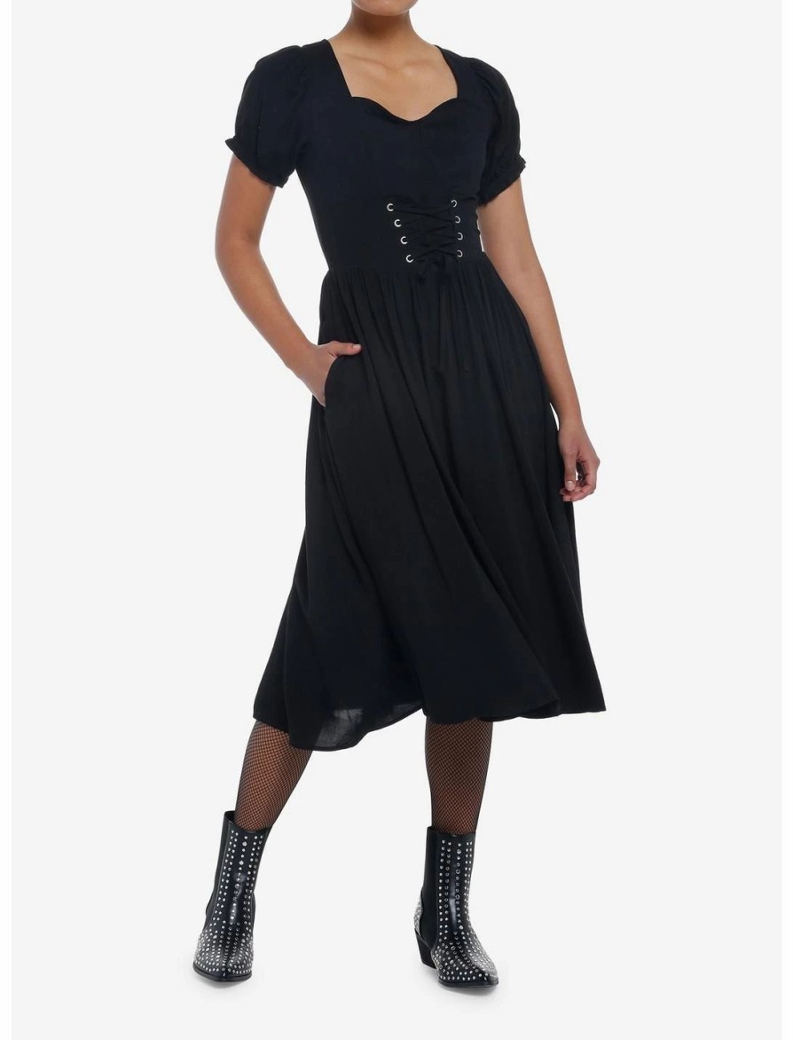 Dresses * | Null Black Puff Sleeve Corset Midi Dress