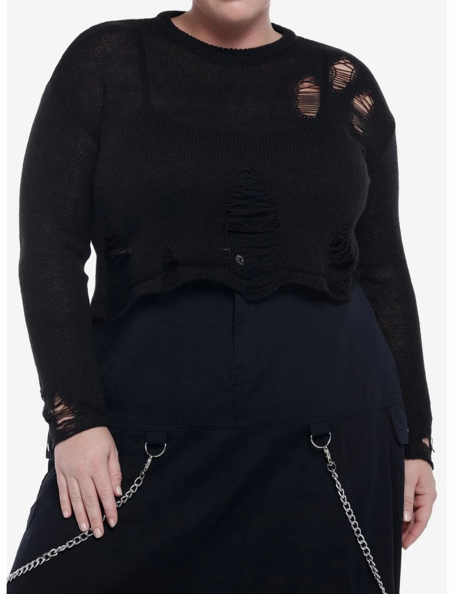 Sweaters And Cardigans * | Null Black Distressed Crop Sweater Plus Size