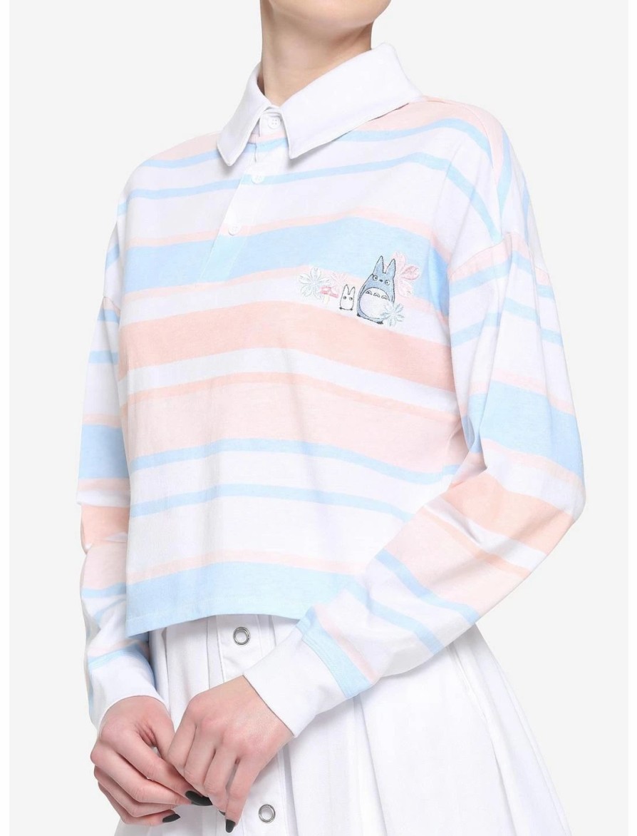 Long Sleeves * | Hunivers Her Universe Studio Ghibli My Neighbor Totoro Pastel Stripe Crop Long-Sleeve Polo Shirt