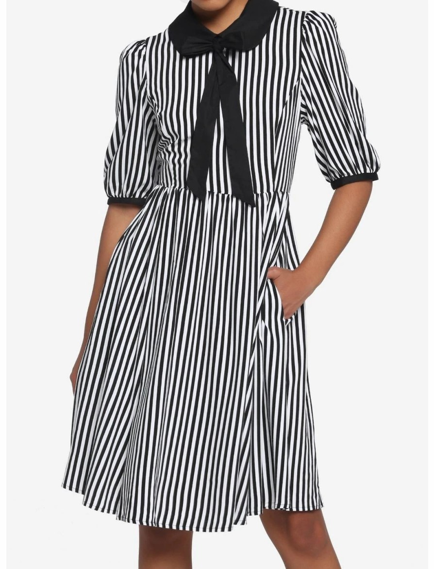 Dresses * | Hunivers Black & White Stripe Bow Retro Dress