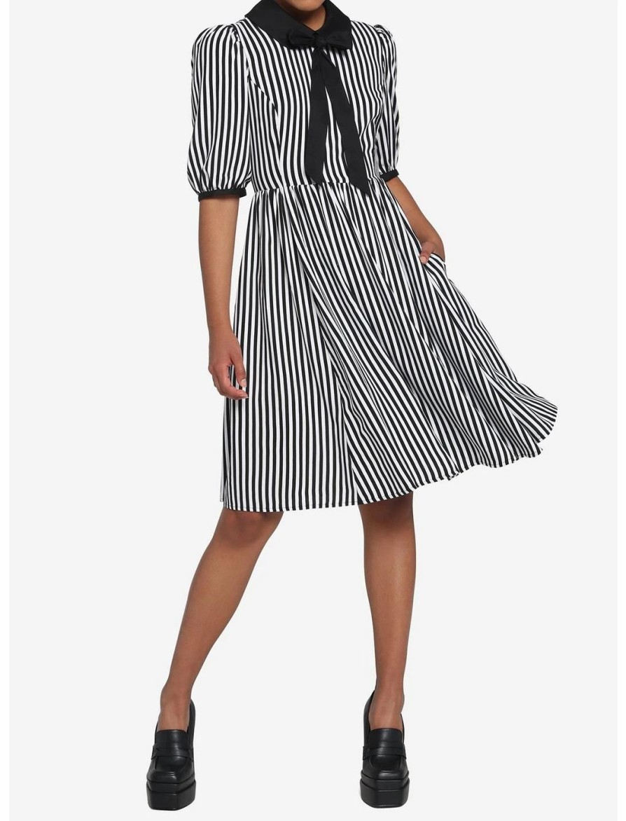 Dresses * | Hunivers Black & White Stripe Bow Retro Dress