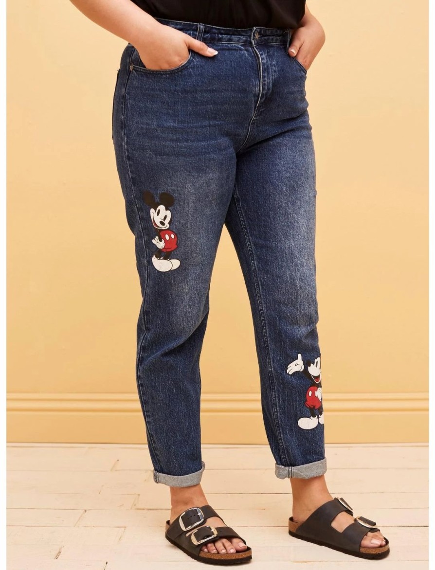 Bottoms * | Hunivers Her Universe Disney Mickey Mouse Dark Wash Mom Jeans Plus Size