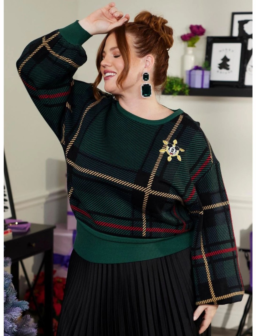 Sweaters And Cardigans * | Hunivers Her Universe Disney Holiday Plaid Mickey Mouse Knit Sweater Plus Size