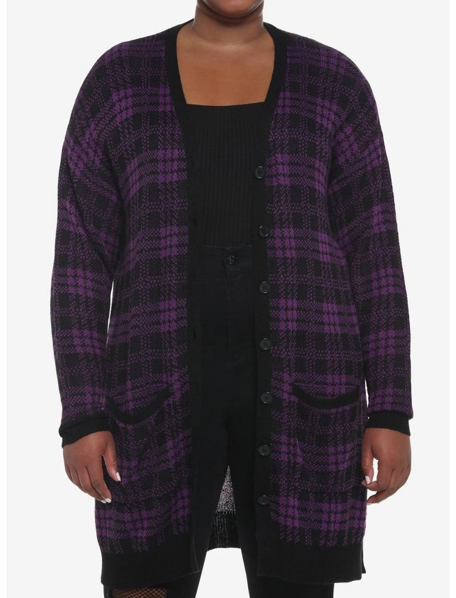 Sweaters And Cardigans * | Hunivers Purple & Black Plaid Oversized Cardigan Plus Size