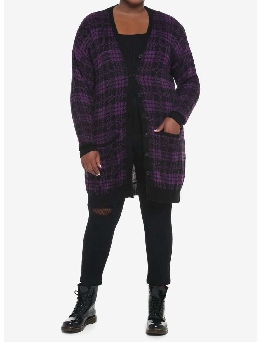 Sweaters And Cardigans * | Hunivers Purple & Black Plaid Oversized Cardigan Plus Size