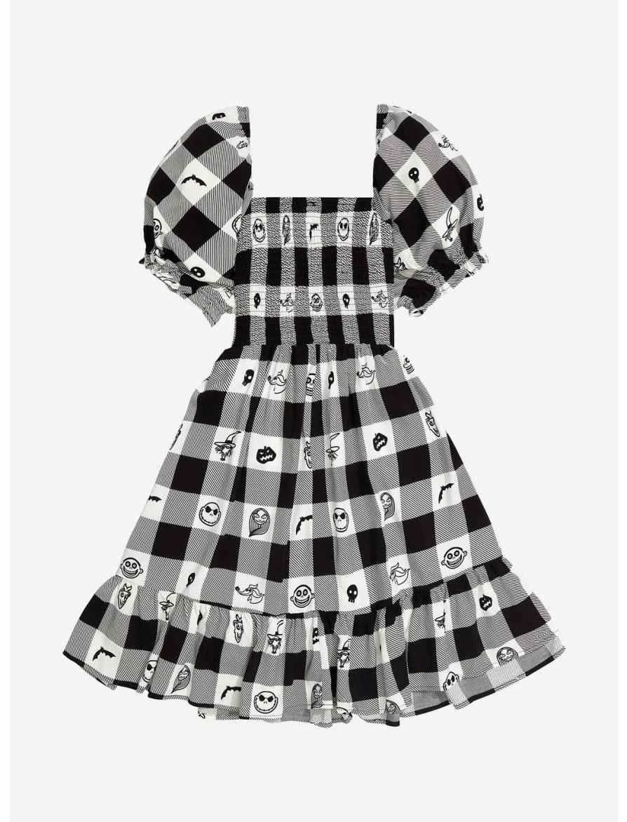 Dresses * | Hunivers Her Universe Disney The Nightmare Before Christmas Face Portraits Gingham Smocked Dress