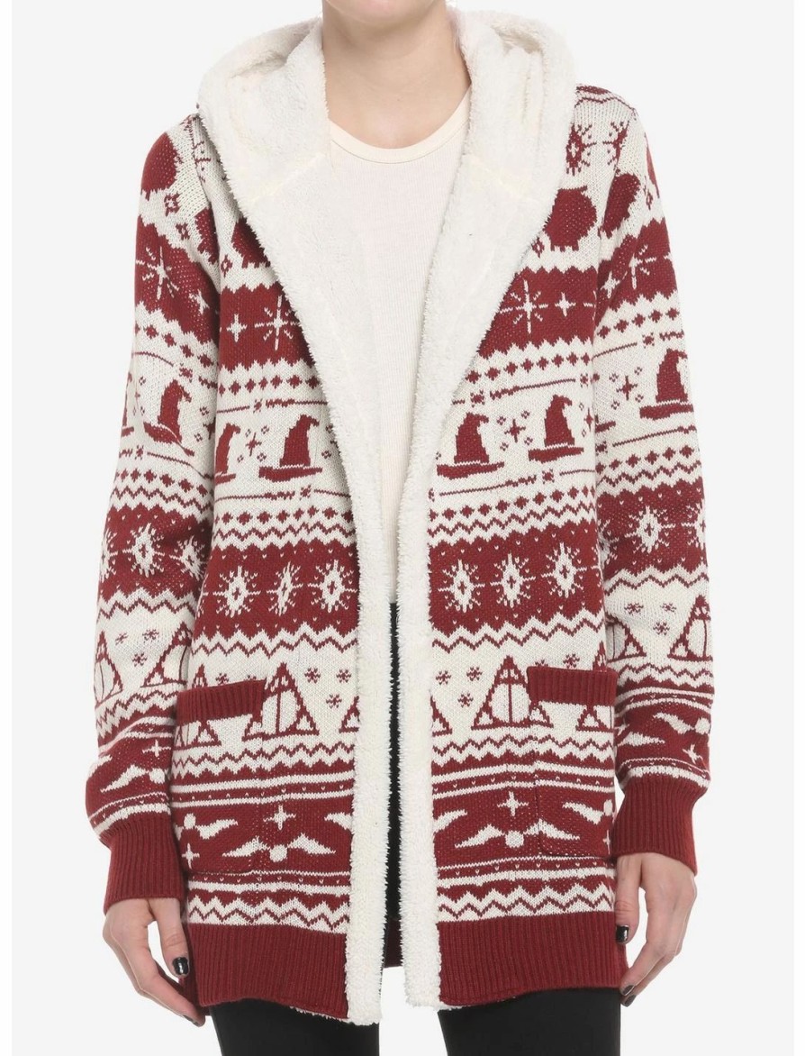 Sweaters And Cardigans * | Hunivers Harry Potter Fair Isle Sherpa Open Cardigan Sweater