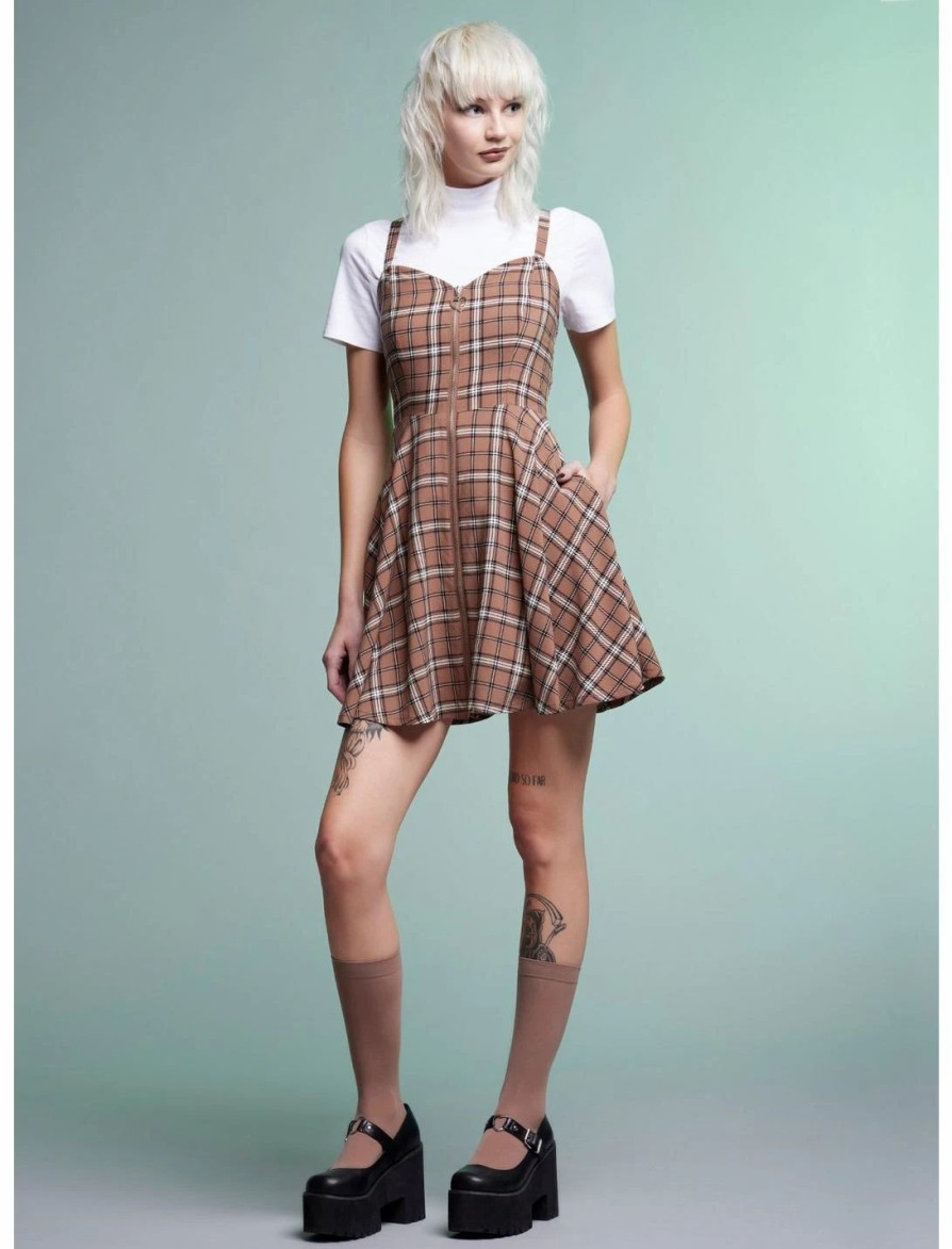 Dresses * | Hunivers Brown Plaid Twofer Dress