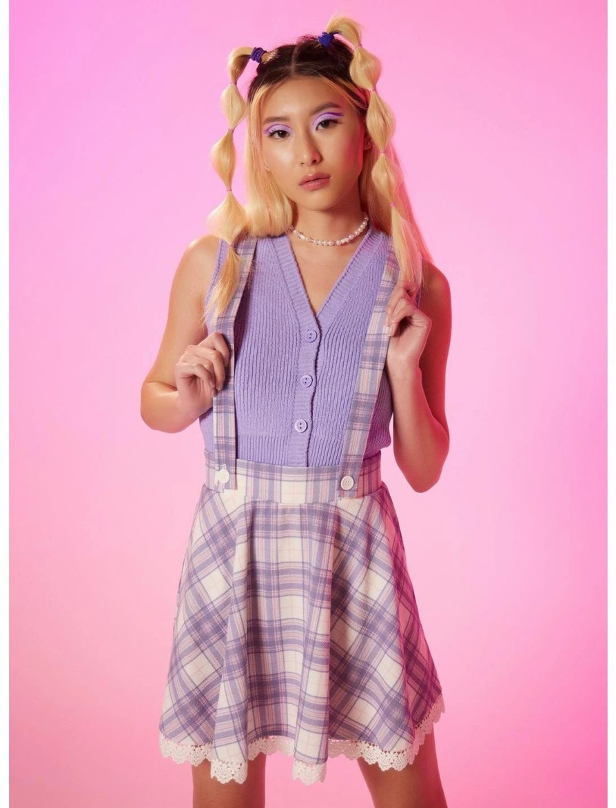 Bottoms * | Hunivers Pink & Purple Plaid Lace Suspender Skirt