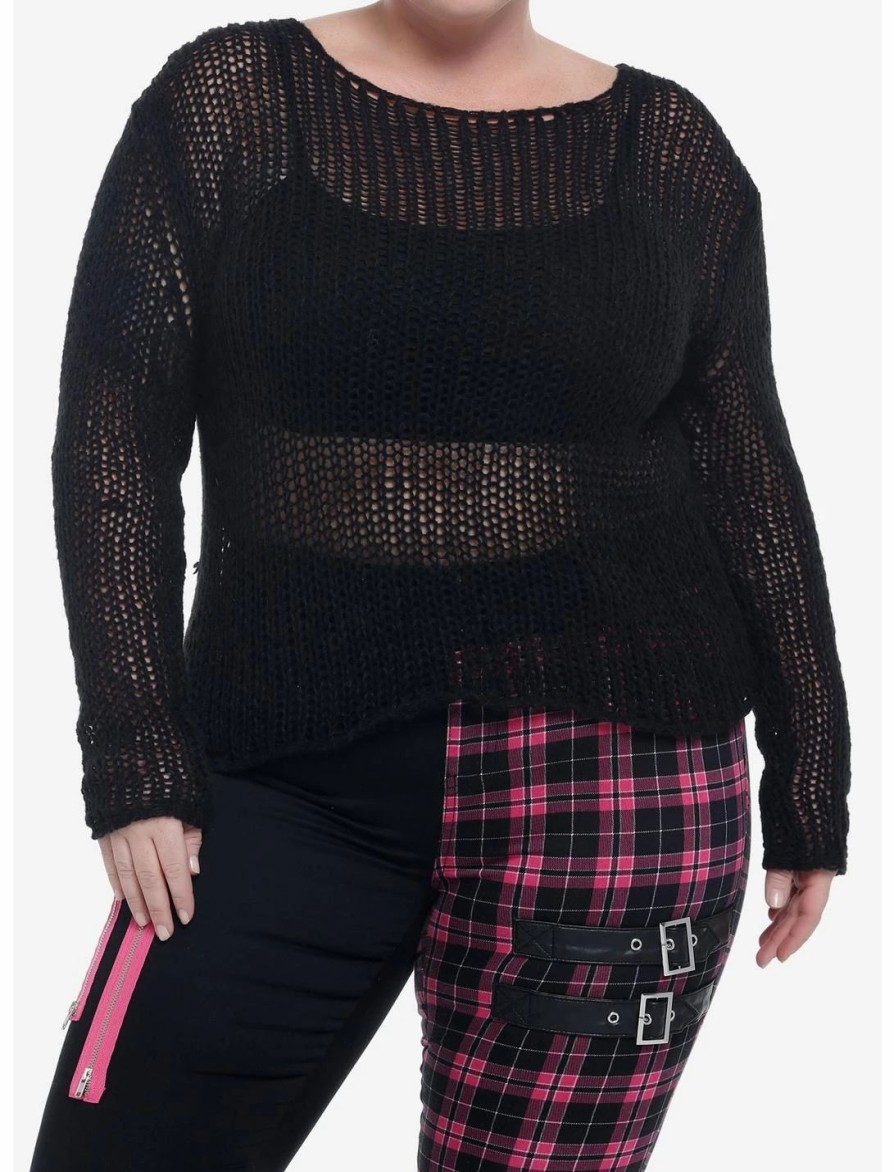 Sweaters And Cardigans * | Null Black Open Knit Crop Sweater Plus Size