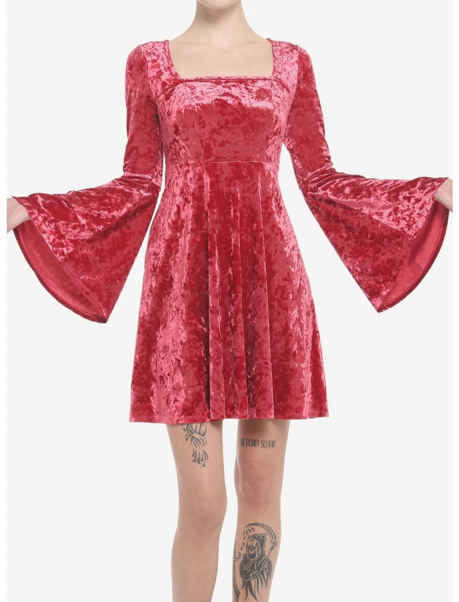 Dresses * | Null Red Crushed Velvet Bell Sleeve Mini Dress