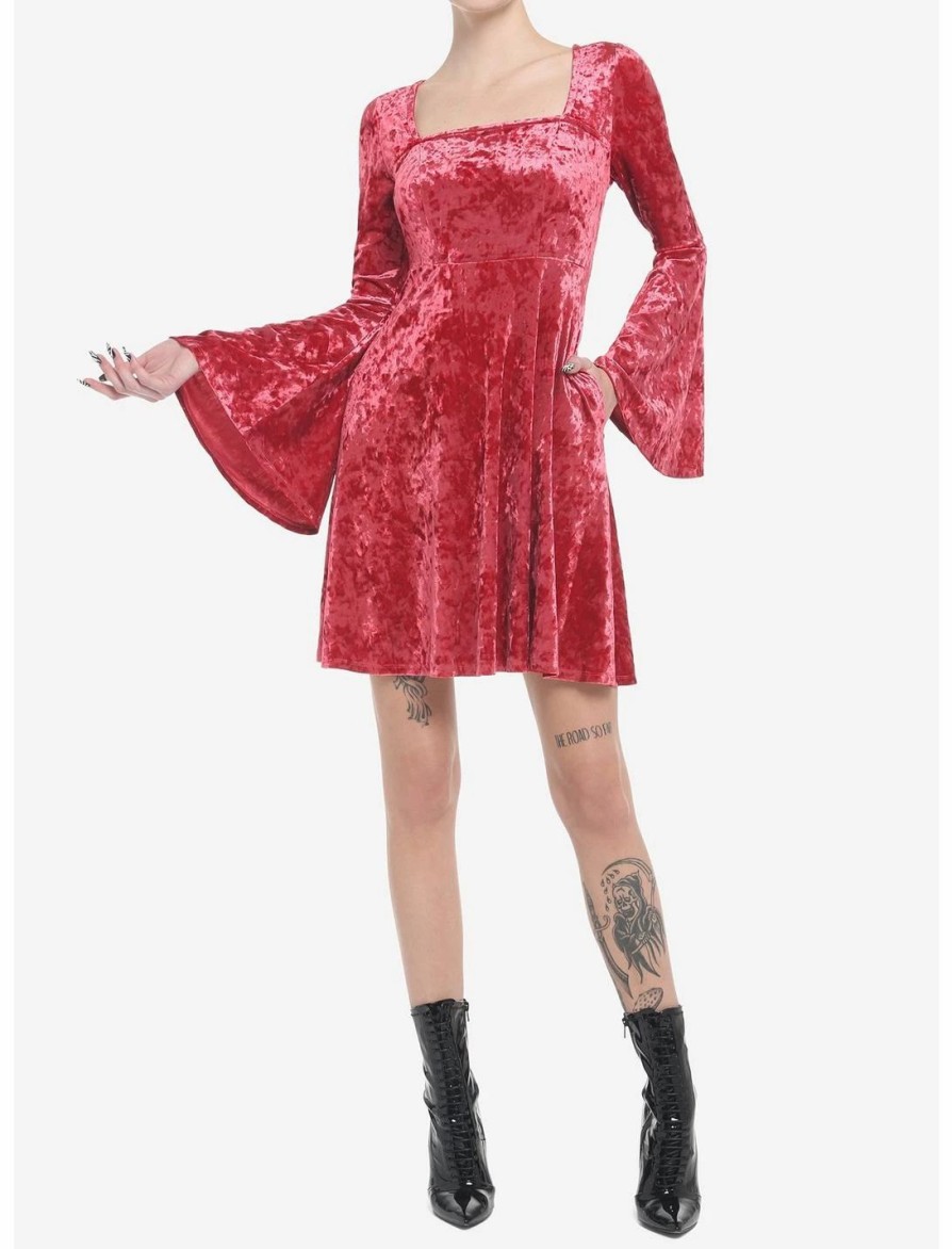 Dresses * | Null Red Crushed Velvet Bell Sleeve Mini Dress