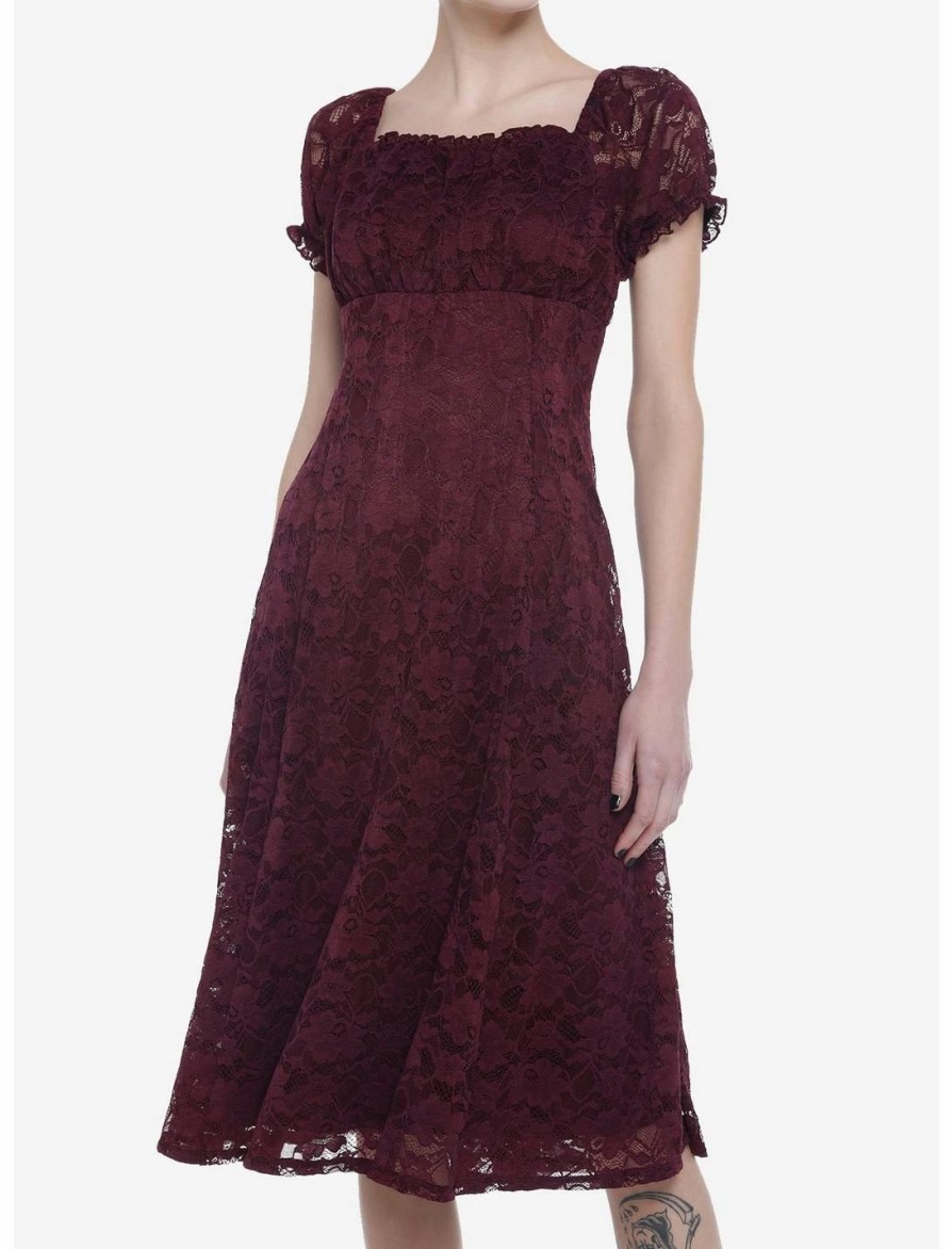 Dresses * | Null Burgundy Floral Lace Midi Dress