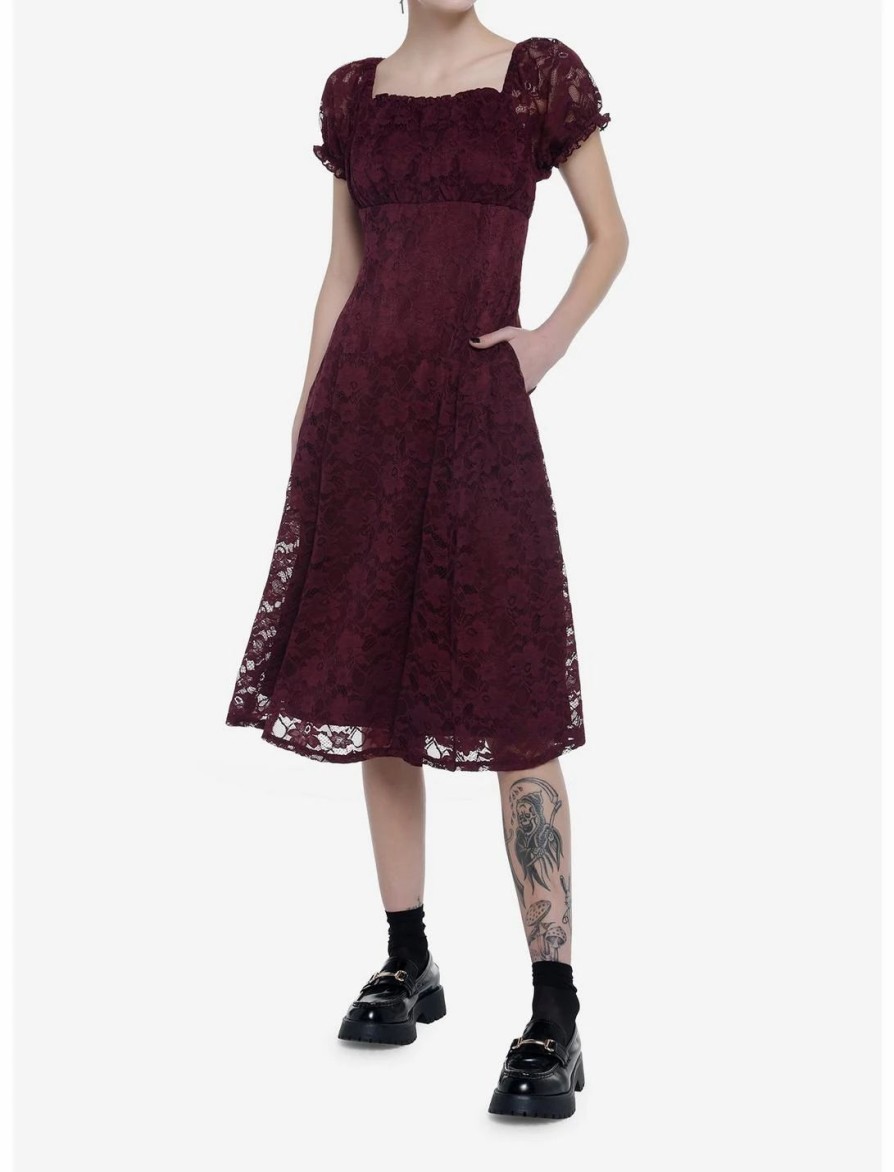 Dresses * | Null Burgundy Floral Lace Midi Dress