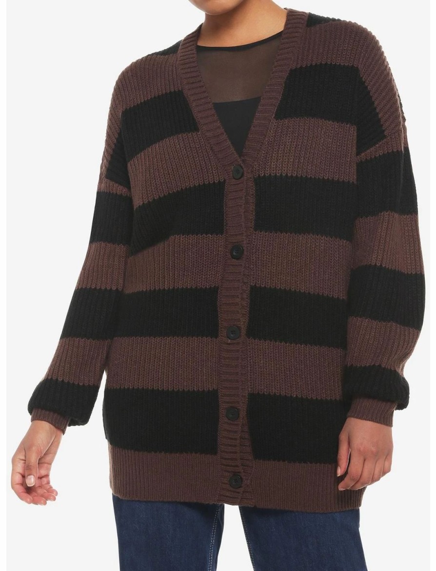 Sweaters And Cardigans * | Hunivers Black & Brown Stripe Oversize Cardigan