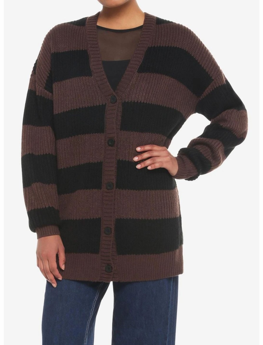 Sweaters And Cardigans * | Hunivers Black & Brown Stripe Oversize Cardigan