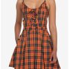 Dresses * | Hunivers Black & Orange Plaid Pleated Lace-Up Dress