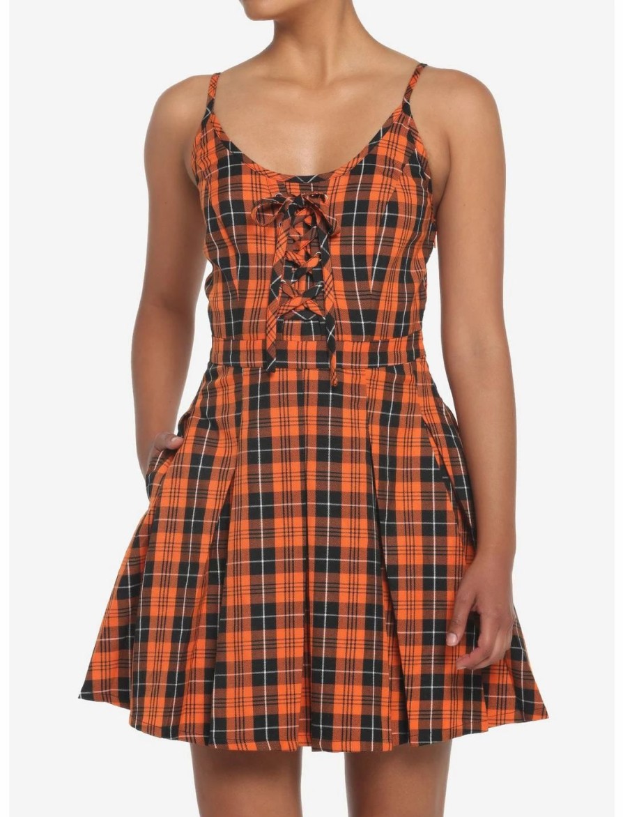 Dresses * | Hunivers Black & Orange Plaid Pleated Lace-Up Dress