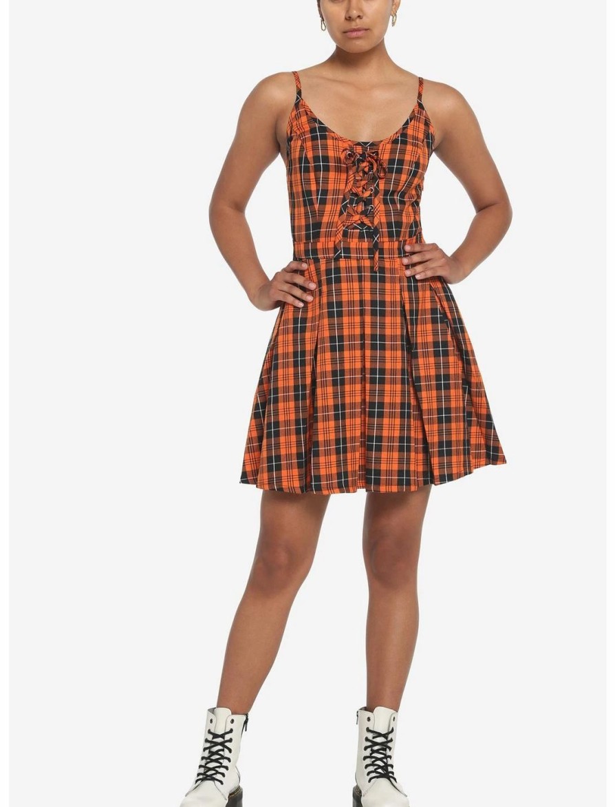 Dresses * | Hunivers Black & Orange Plaid Pleated Lace-Up Dress