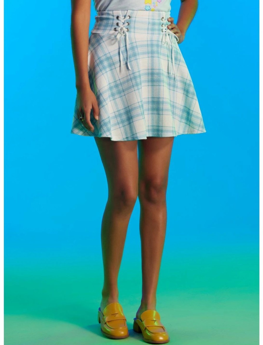 Bottoms * | Hunivers Blue & White Plaid Double Lace-Up Skirt