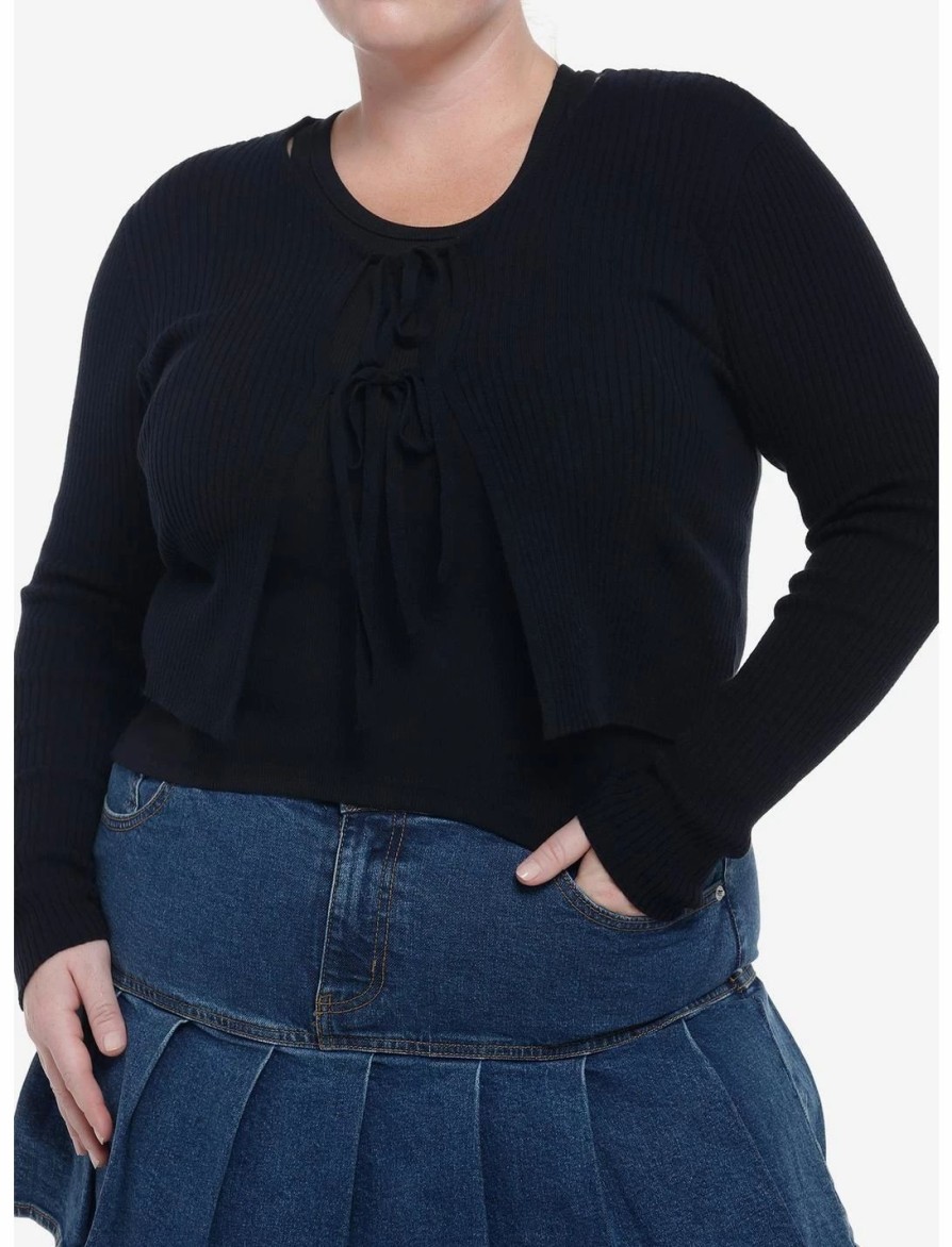 Sweaters And Cardigans * | Null Black Double Tie-Front Girls Crop Cardigan Plus Size