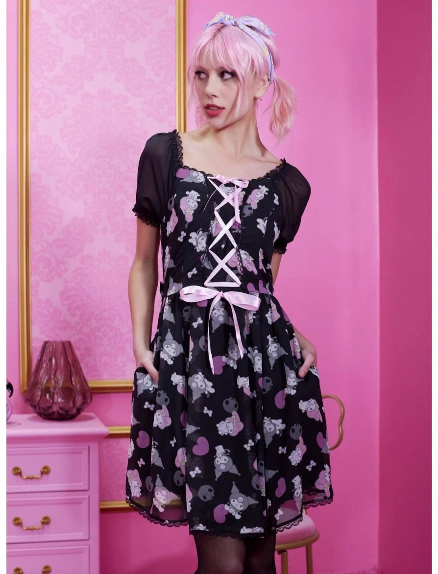 Dresses * | Hunivers My Melody & Kuromi Lace-Up Chiffon Dress