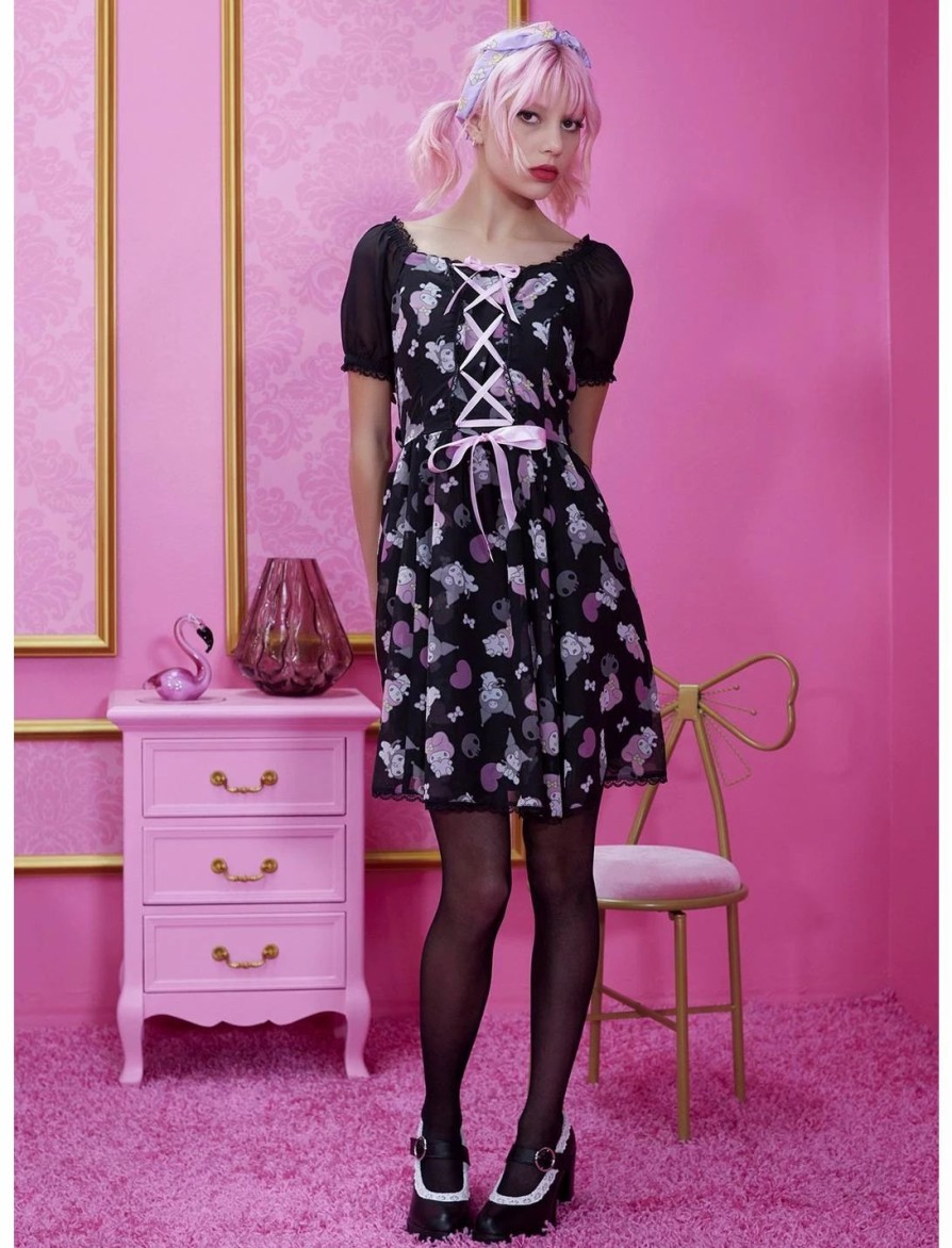 Dresses * | Hunivers My Melody & Kuromi Lace-Up Chiffon Dress