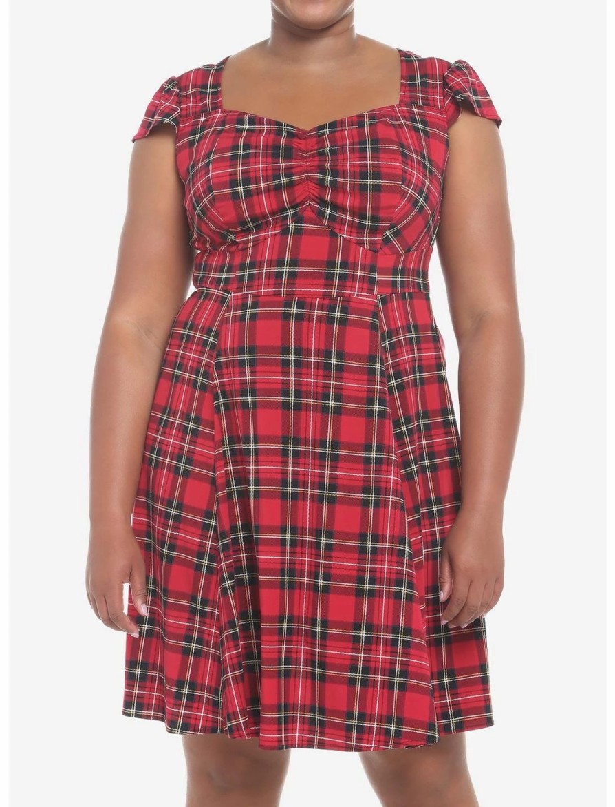 Dresses * | Hunivers Red Plaid Retro Sweetheart Dress Plus Size