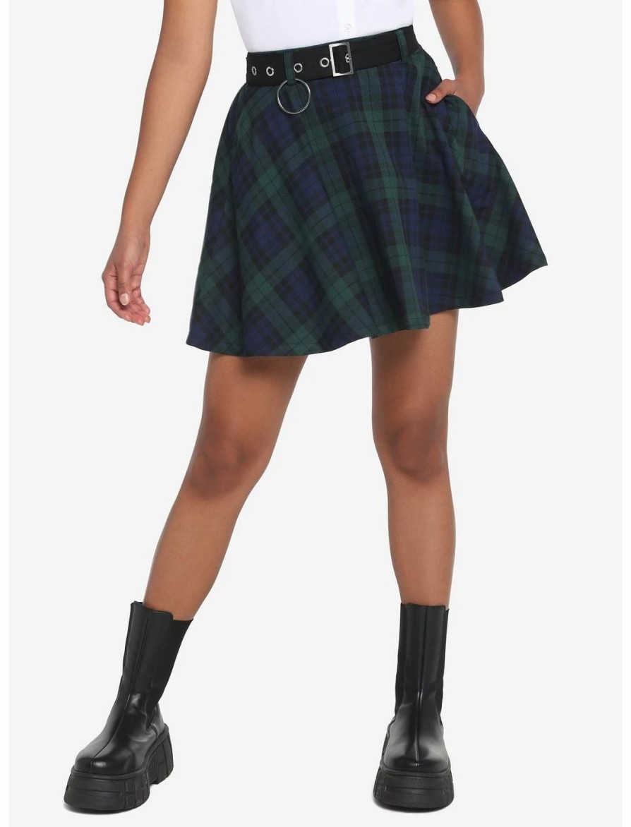 Bottoms * | Hunivers Green & Blue Plaid Skirt With Grommet Belt