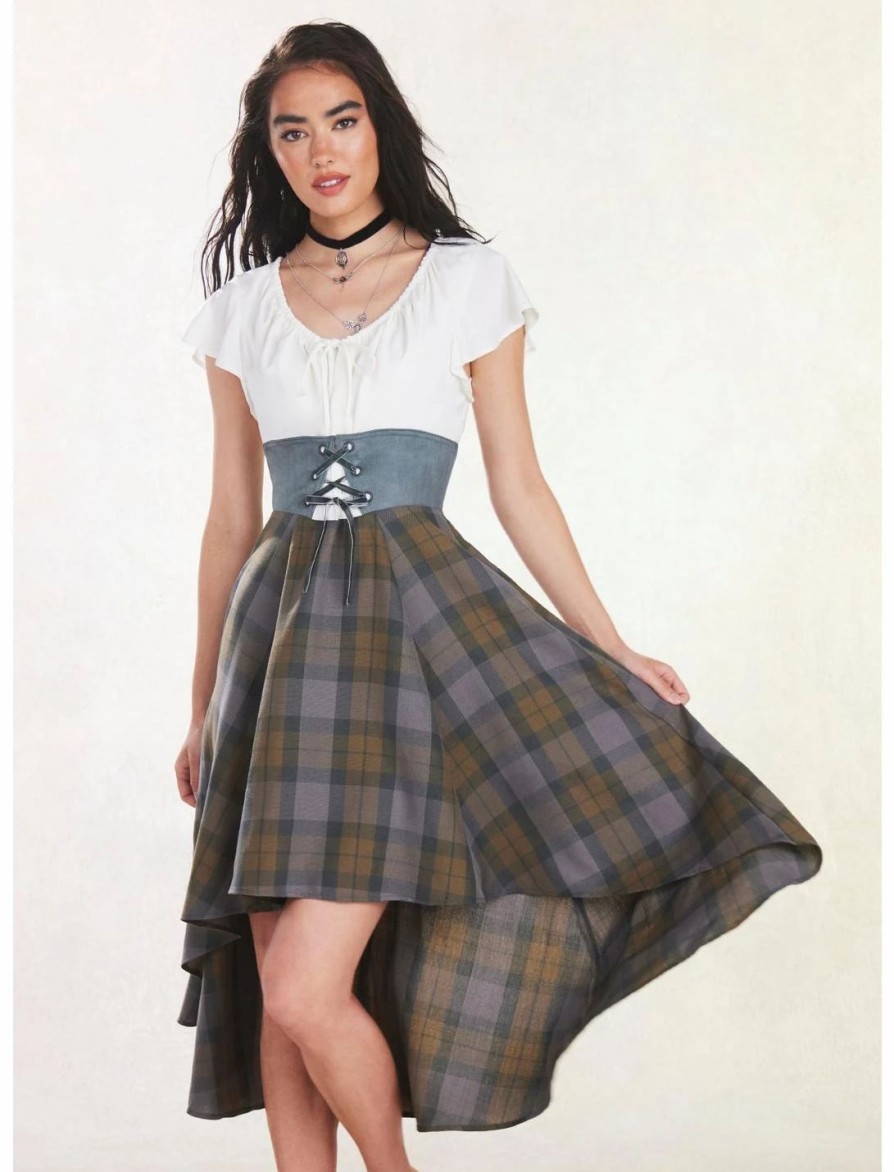 Dresses * | Hunivers Her Universe Outlander Tartan Lace-Up Hi-Low Dress