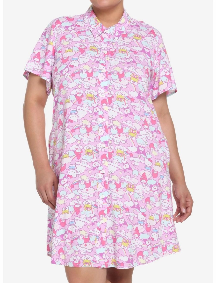 Dresses * | Hunivers Hello Kitty And Friends Pastel Collage Button-Up Dress Plus Size