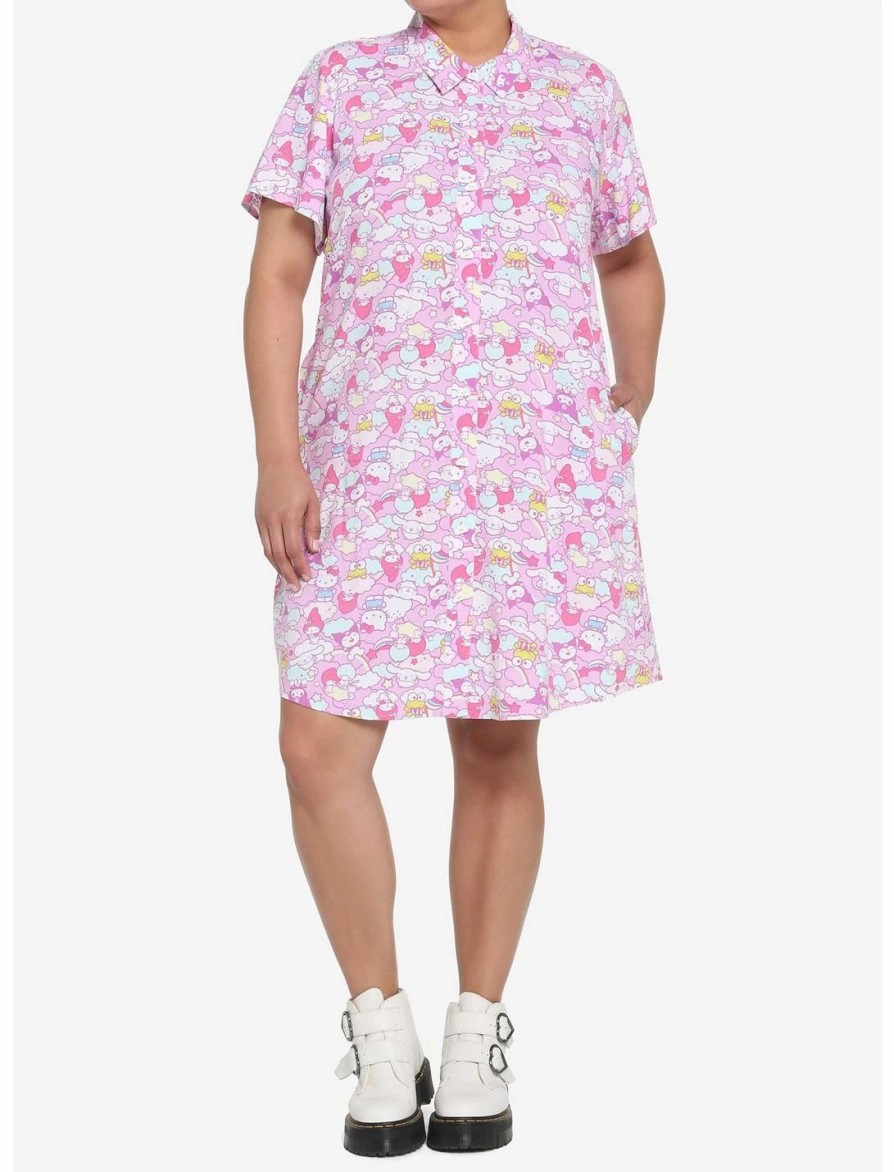 Dresses * | Hunivers Hello Kitty And Friends Pastel Collage Button-Up Dress Plus Size