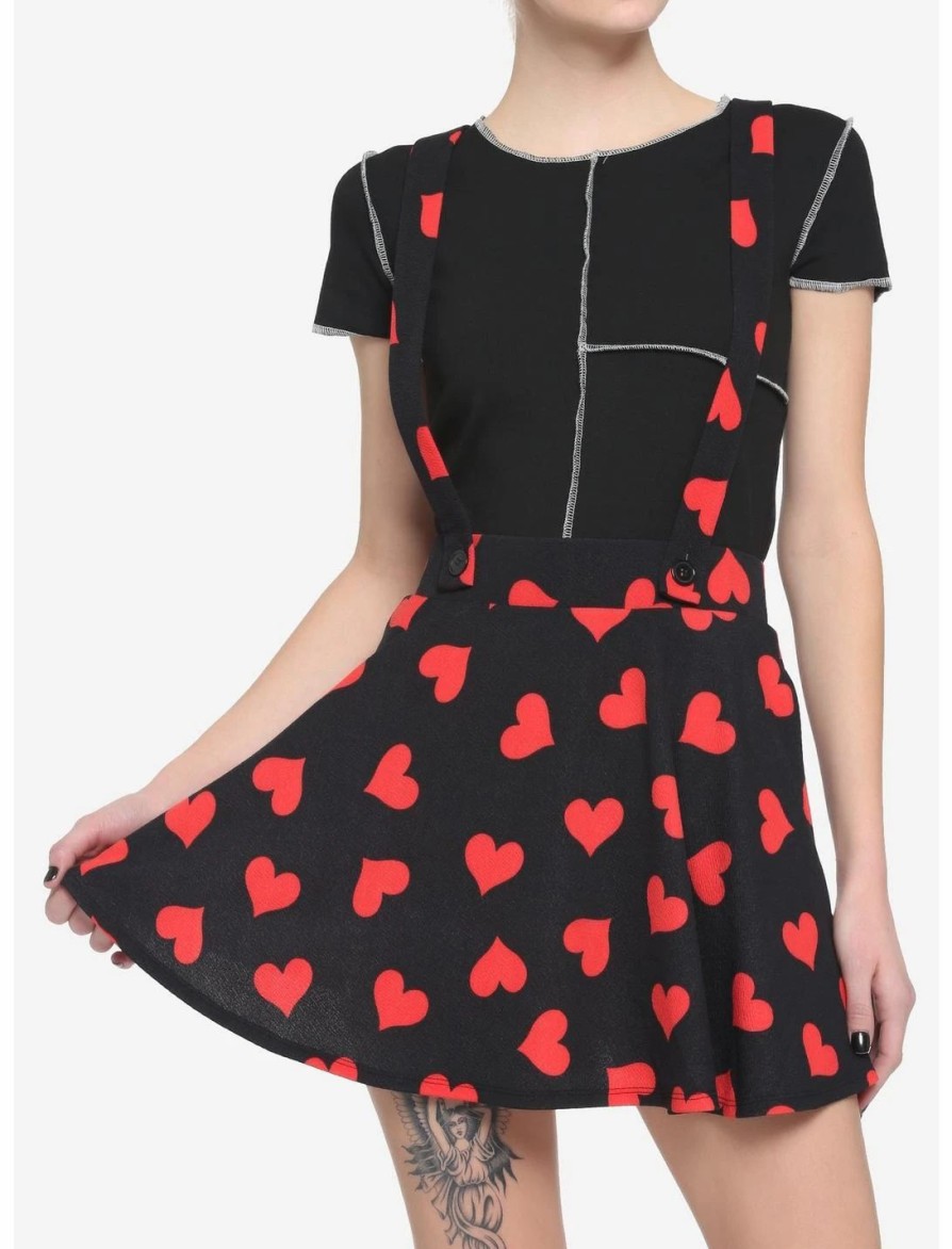 Bottoms * | Hunivers Red Hearts Black Suspender Skirt