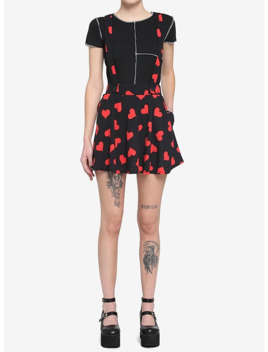 Bottoms * | Hunivers Red Hearts Black Suspender Skirt