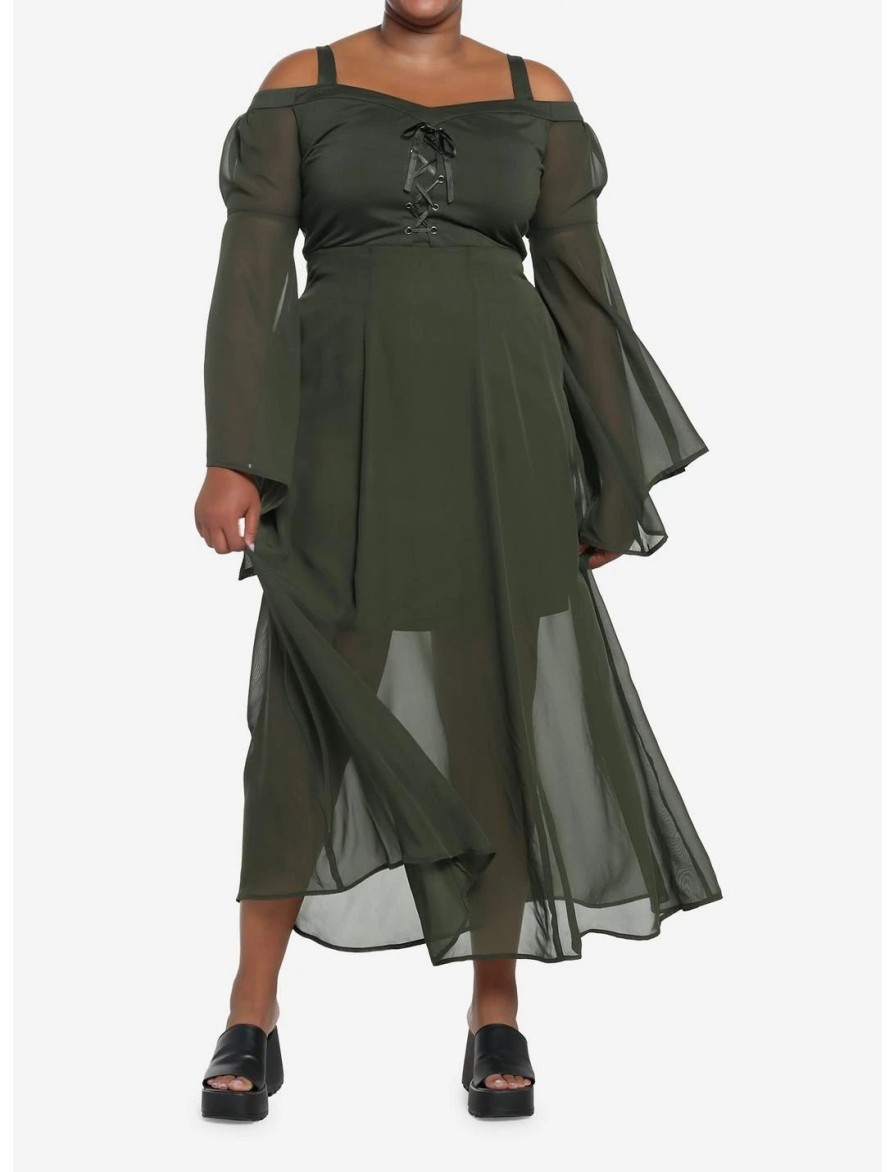 Dresses * | Hunivers Forest Green Chiffon Cold Shoulder Maxi Dress Plus Size