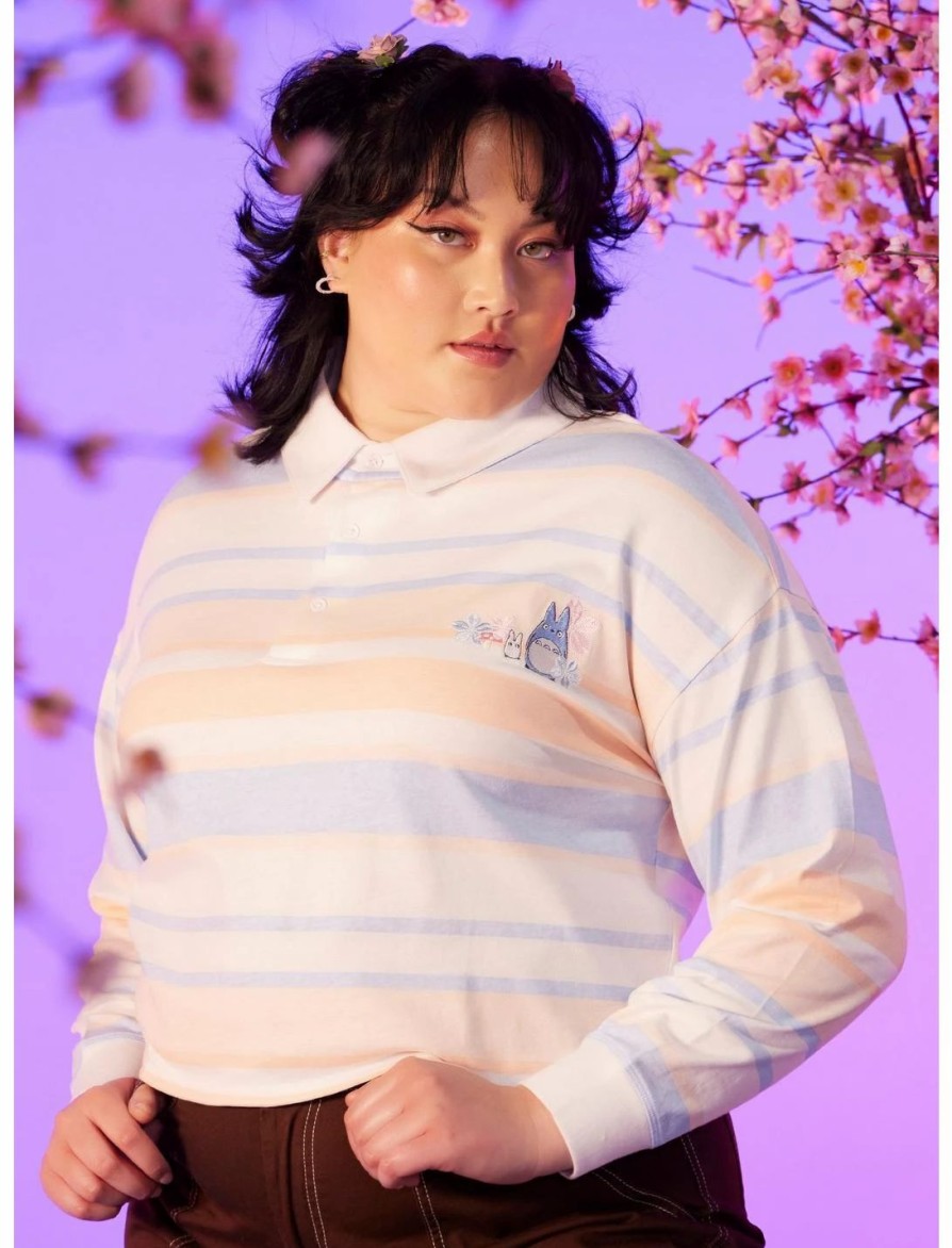 Long Sleeves * | Hunivers Her Universe Studio Ghibli My Neighbor Totoro Pastel Stripe Crop Long-Sleeve Polo Shirt Plus Size