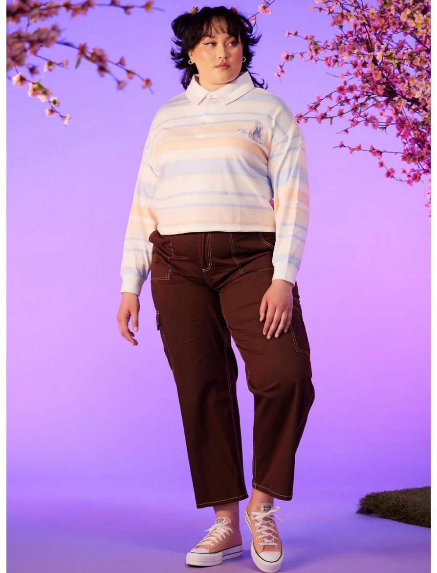 Long Sleeves * | Hunivers Her Universe Studio Ghibli My Neighbor Totoro Pastel Stripe Crop Long-Sleeve Polo Shirt Plus Size