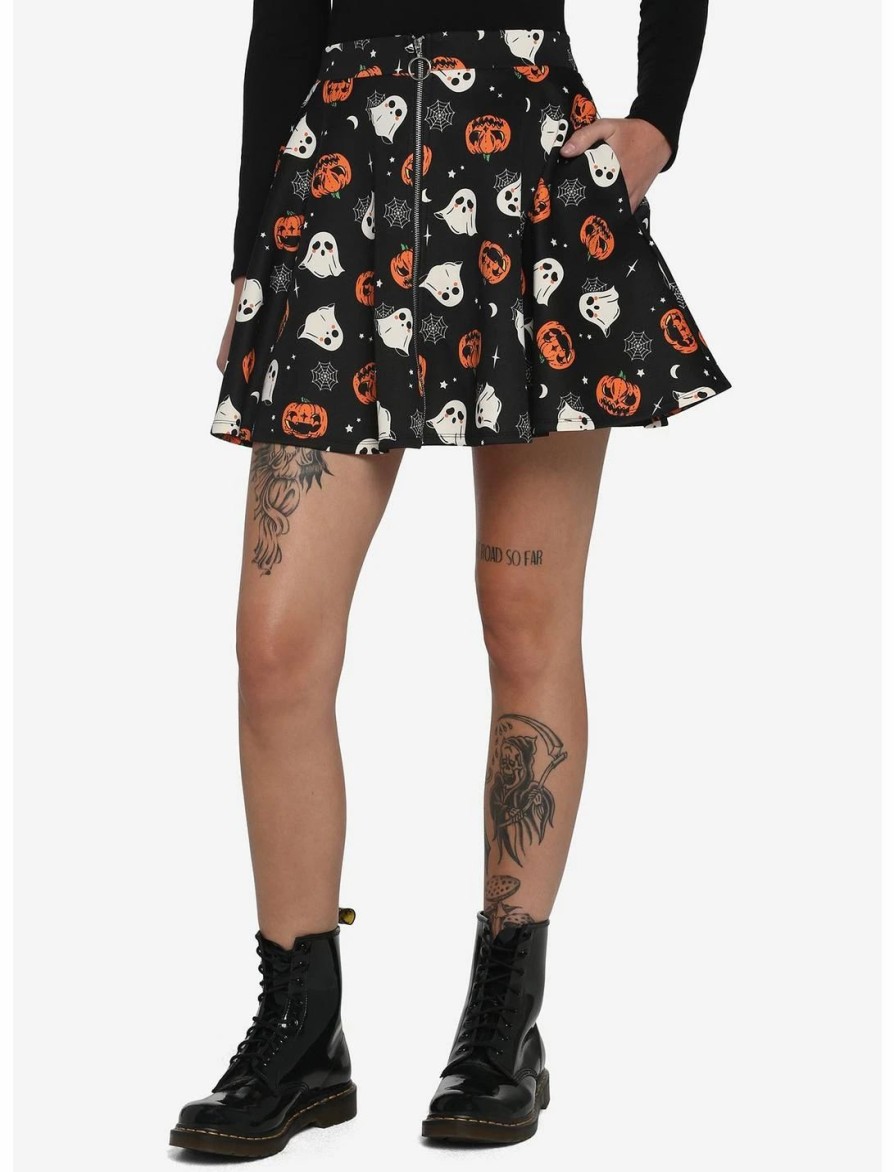 Bottoms * | Hunivers Pumpkin Ghost & Web Zipper Skirt