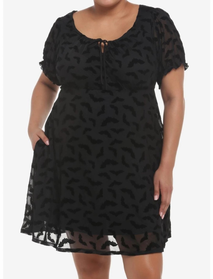 Dresses * | Hunivers Black Flocked Bats Babydoll Dress Plus Size