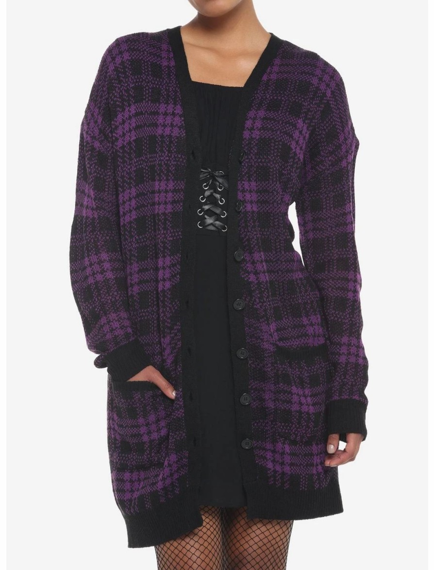 Sweaters And Cardigans * | Hunivers Purple & Black Plaid Oversized Cardigan