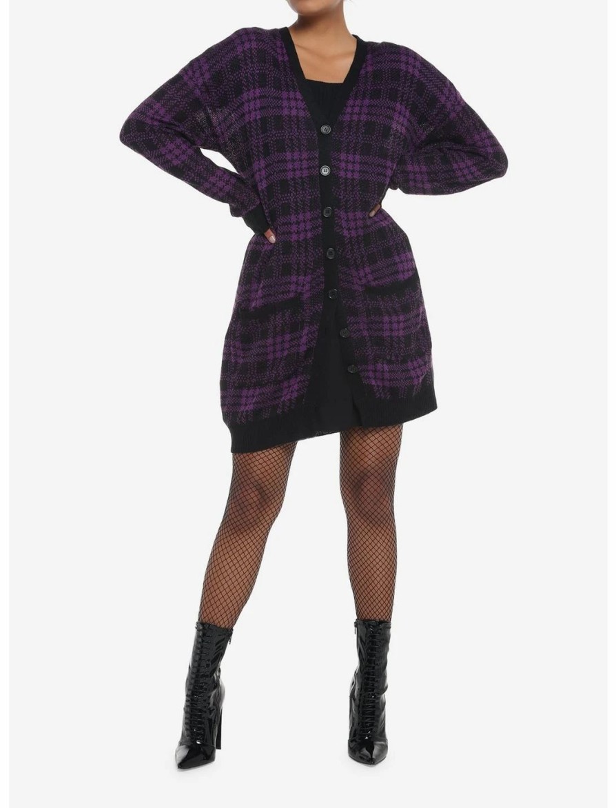 Sweaters And Cardigans * | Hunivers Purple & Black Plaid Oversized Cardigan