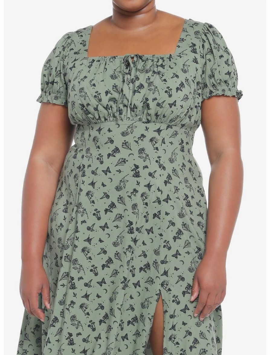 Dresses * | Null Green Butterfly Mushroom Empire Midi Dress Plus Size