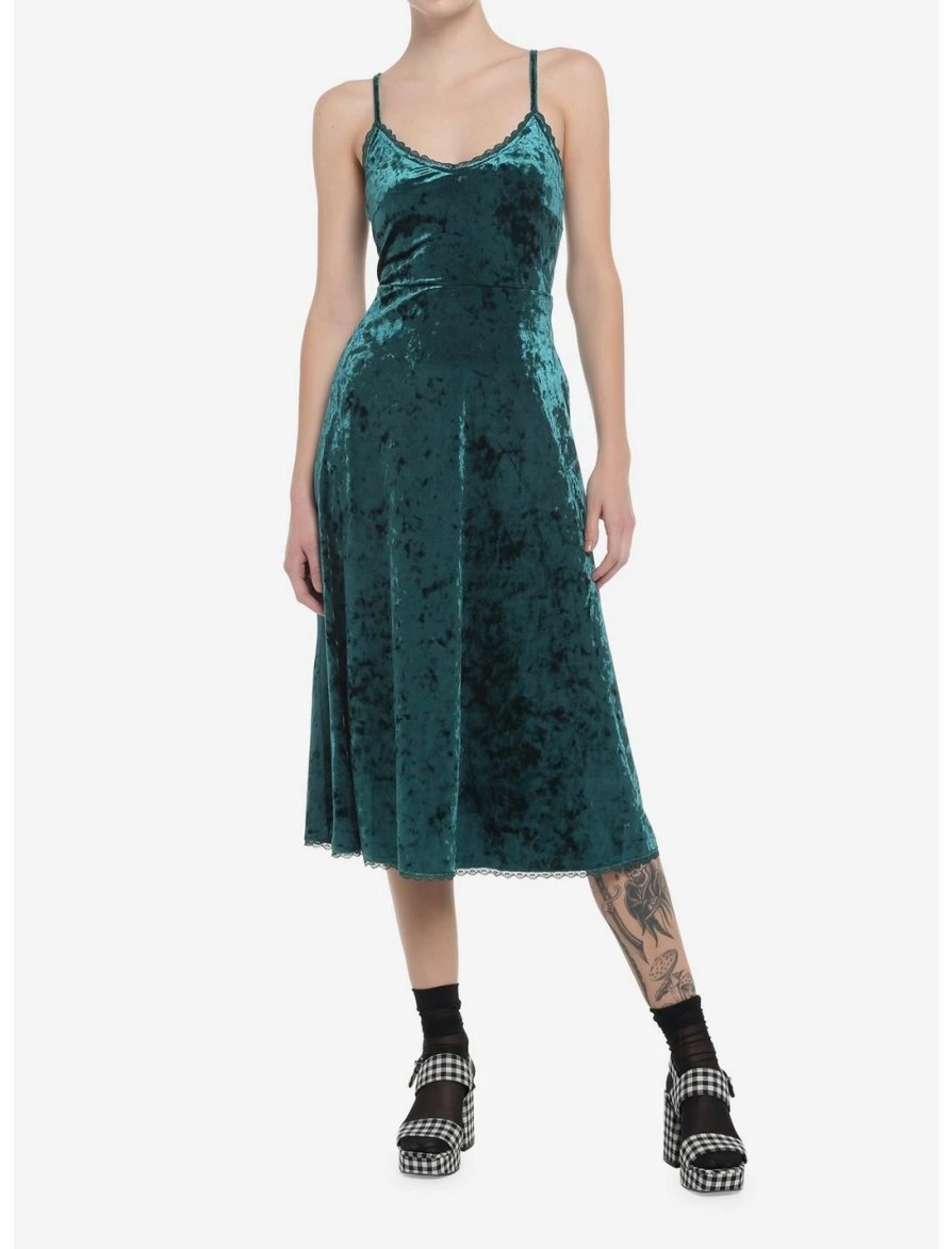 Dresses * | Hunivers Green Velvet Midi Slip Dress