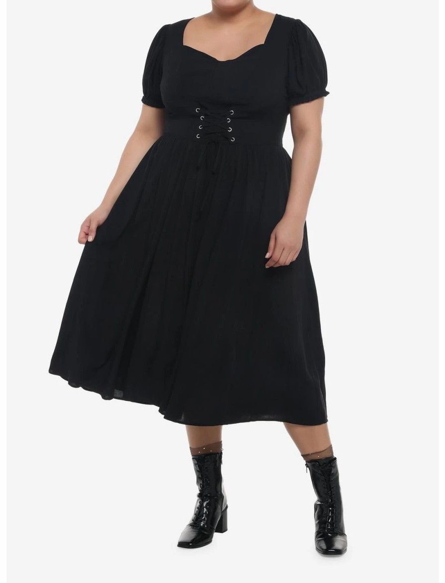 Dresses * | Null Black Puff Sleeve Corset Midi Dress Plus Size