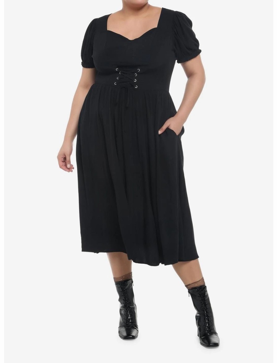 Dresses * | Null Black Puff Sleeve Corset Midi Dress Plus Size