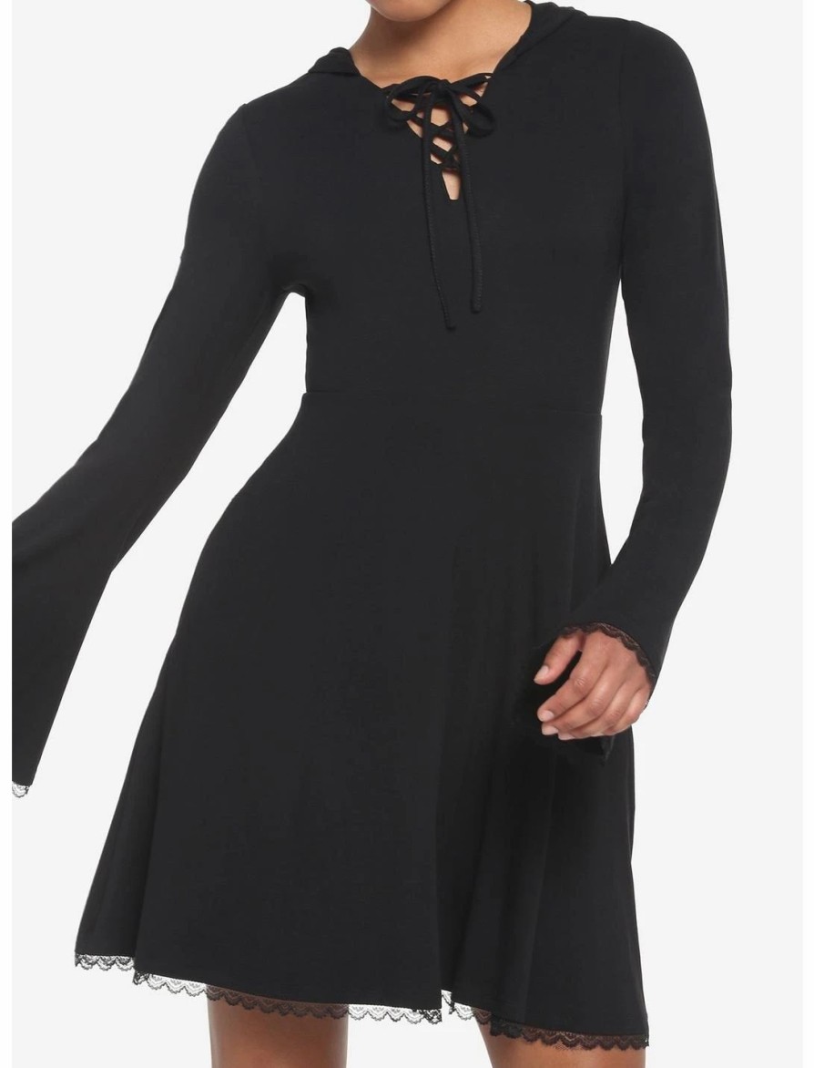 Dresses * | Hunivers Black Lace-Up Front Hooded Dress