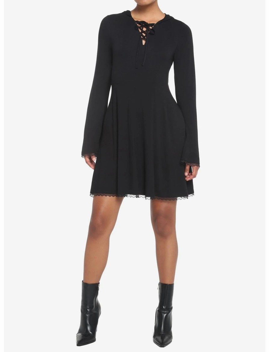 Dresses * | Hunivers Black Lace-Up Front Hooded Dress