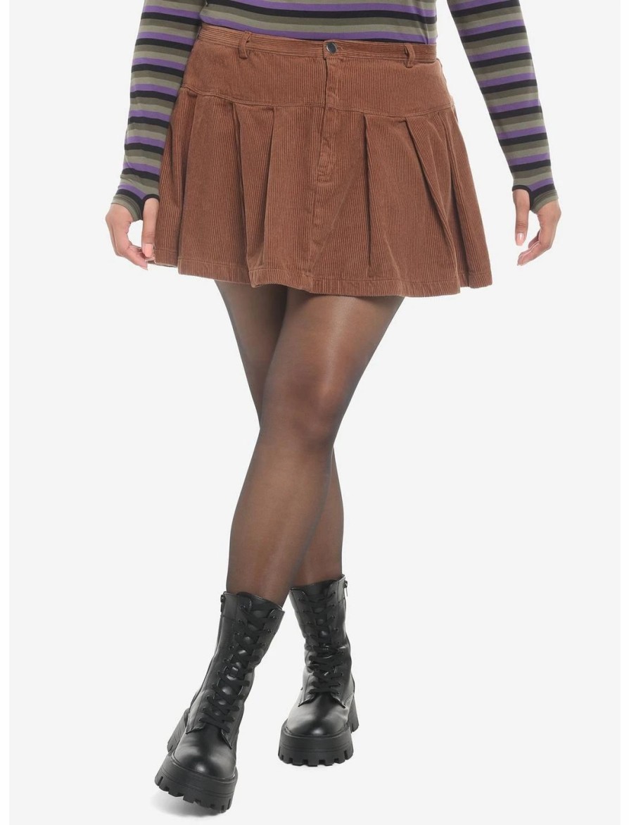 Bottoms * | Hunivers Brown Corduroy Pleated Mini Skirt Plus Size